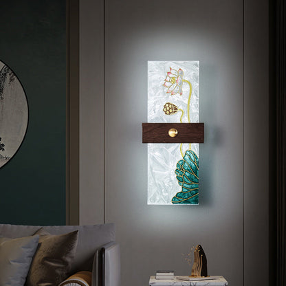 Traditional Chinese Walnut Copper PVC Enamel Painting Rectangular Spindrift Tree Leaf LED Wall Sconce Lamp For Bedside