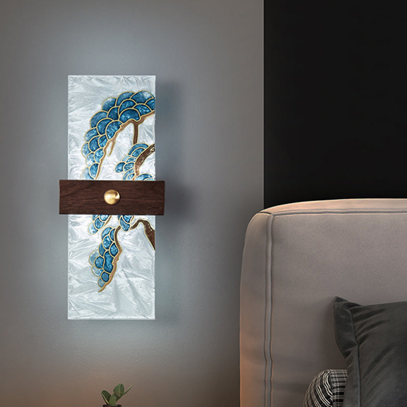 Traditional Chinese Walnut Copper PVC Enamel Painting Rectangular Spindrift Tree Leaf LED Wall Sconce Lamp For Bedside