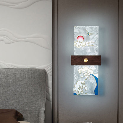 Traditional Chinese Walnut Copper PVC Enamel Painting Rectangular Spindrift Tree Leaf LED Wall Sconce Lamp For Bedside