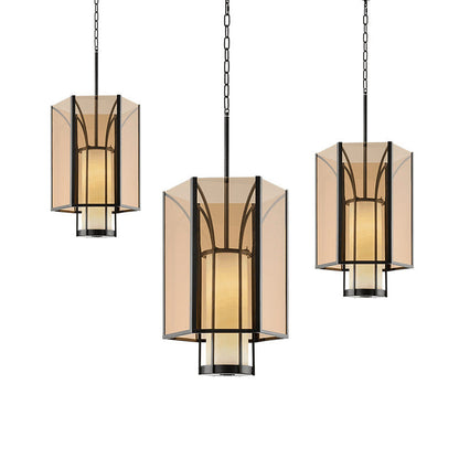Traditional Chinese Imitation Marble Glass Iron Cylinder Lantern 1-Light Pendant Light Spotlight For Bedside