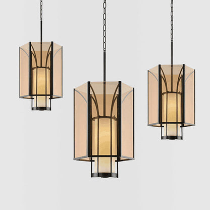 Traditional Chinese Imitation Marble Glass Iron Cylinder Lantern 1-Light Pendant Light Spotlight For Bedside