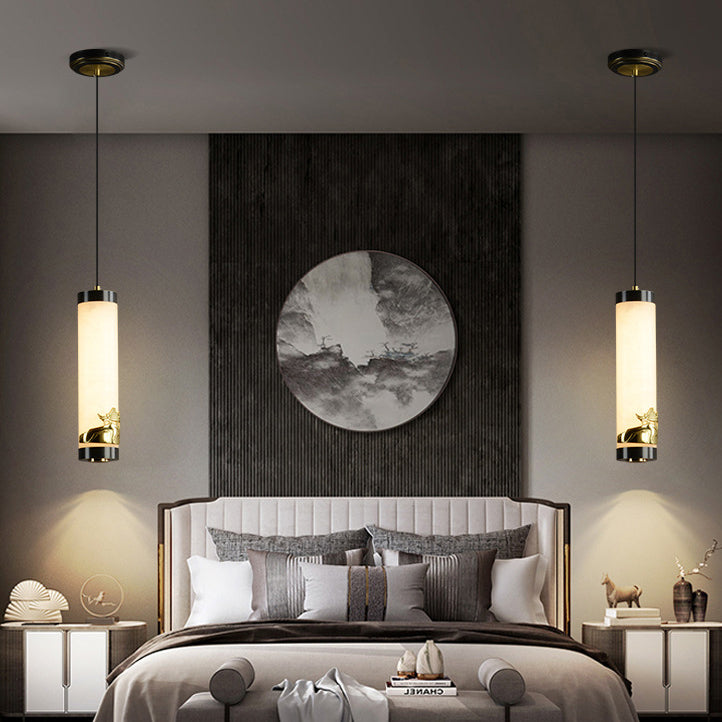 Traditional Chinese Brass Mable Cylinder Lotus Orchid Plum Blossom Bamboo LED Pendant Light Spotlight For Bedside