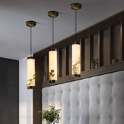 Traditional Chinese Brass Mable Cylinder Lotus Orchid Plum Blossom Bamboo LED Pendant Light Spotlight For Bedside