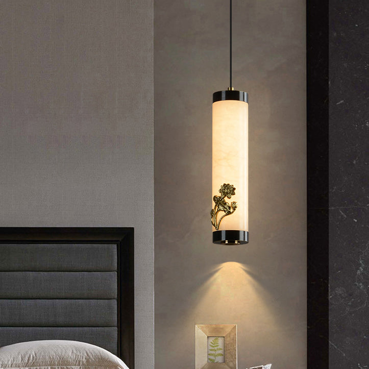 Traditional Chinese Brass Mable Cylinder Lotus Orchid Plum Blossom Bamboo LED Pendant Light Spotlight For Bedside