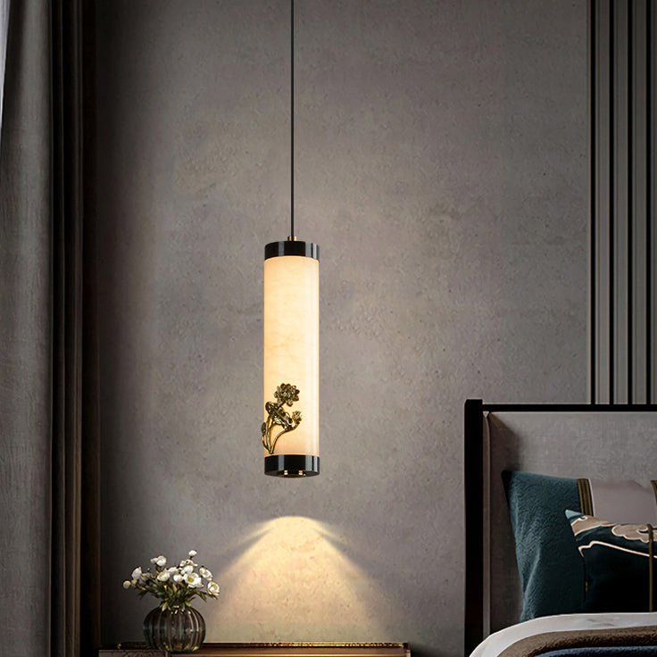 Traditional Chinese Brass Mable Cylinder Lotus Orchid Plum Blossom Bamboo LED Pendant Light Spotlight For Bedside