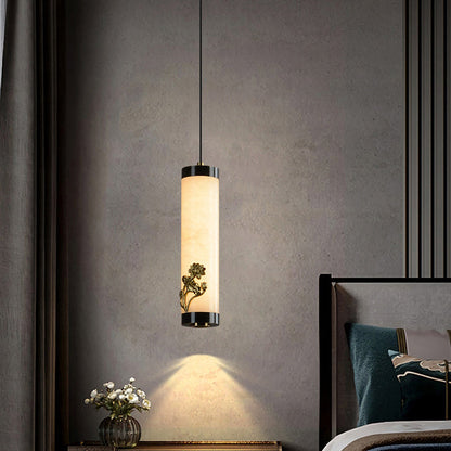Traditional Chinese Brass Mable Cylinder Lotus Orchid Plum Blossom Bamboo LED Pendant Light Spotlight For Bedside