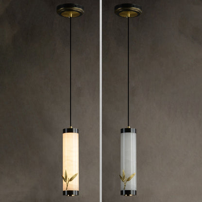 Traditional Chinese Brass Mable Cylinder Lotus Orchid Plum Blossom Bamboo LED Pendant Light Spotlight For Bedside