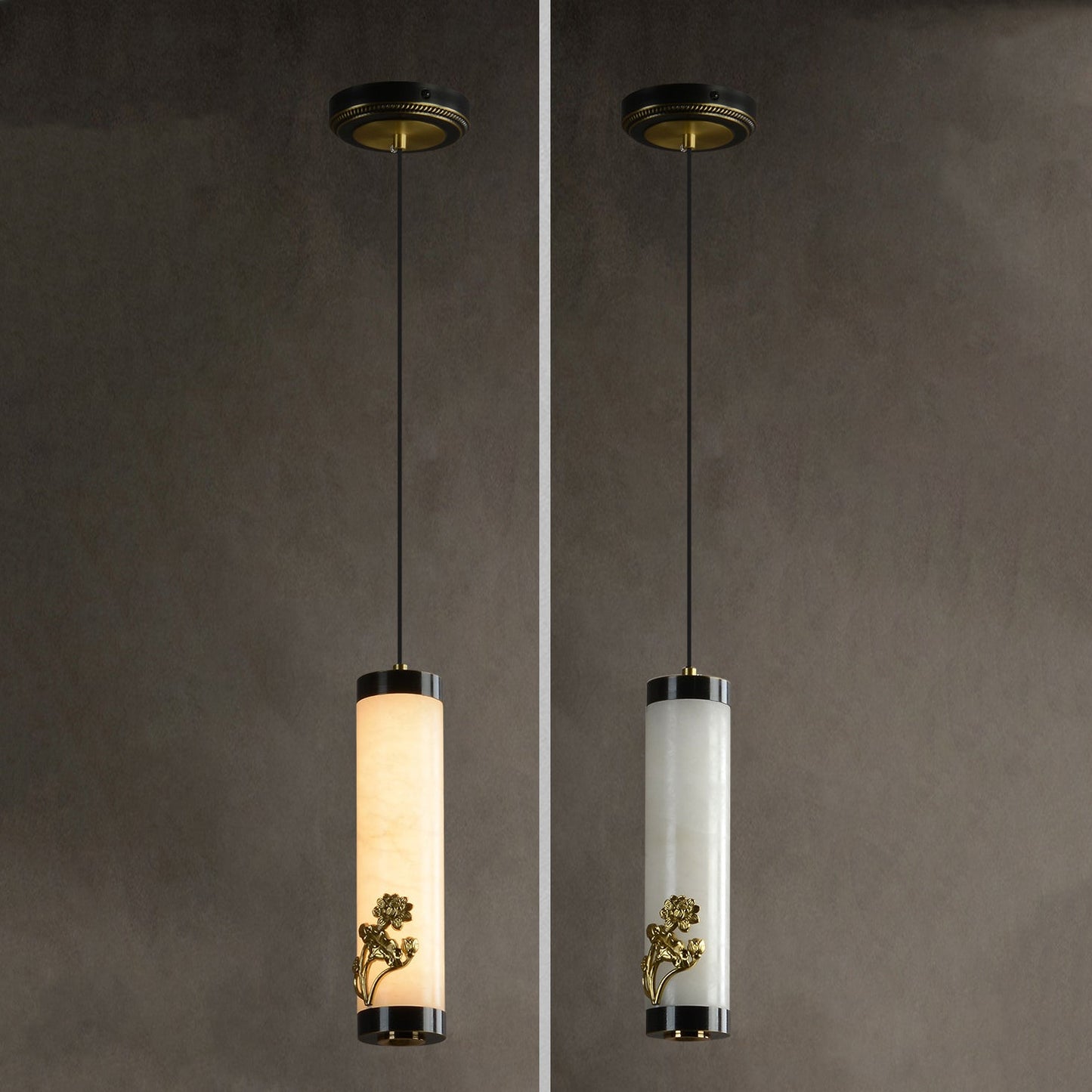 Traditional Chinese Brass Mable Cylinder Lotus Orchid Plum Blossom Bamboo LED Pendant Light Spotlight For Bedside