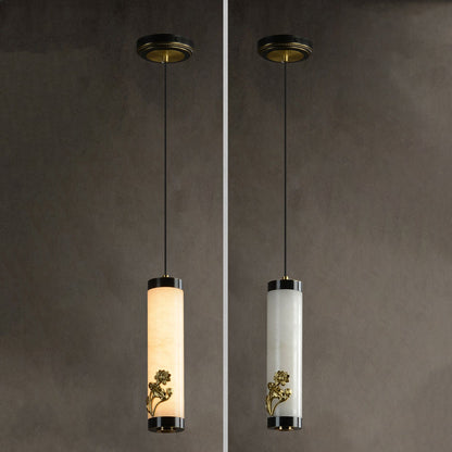 Traditional Chinese Brass Mable Cylinder Lotus Orchid Plum Blossom Bamboo LED Pendant Light Spotlight For Bedside