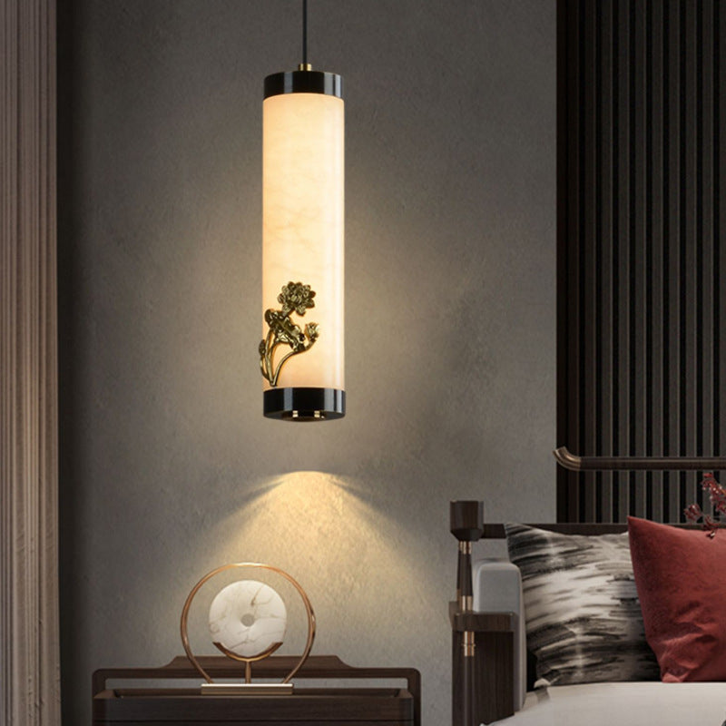 Traditional Chinese Brass Mable Cylinder Lotus Orchid Plum Blossom Bamboo LED Pendant Light Spotlight For Bedside