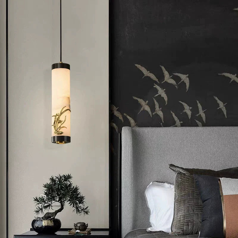 Traditional Chinese Brass Mable Cylinder Lotus Orchid Plum Blossom Bamboo LED Pendant Light Spotlight For Bedside