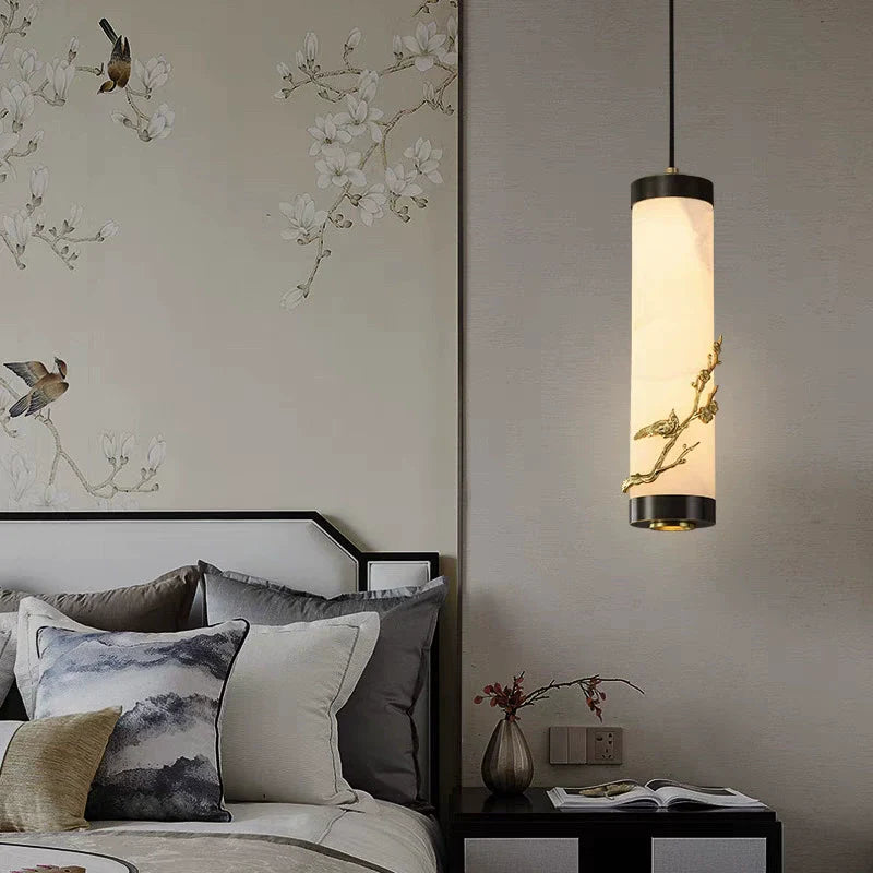 Traditional Chinese Brass Mable Cylinder Lotus Orchid Plum Blossom Bamboo LED Pendant Light Spotlight For Bedside