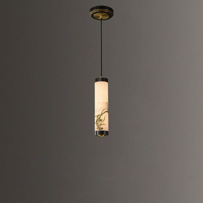 Traditional Chinese Brass Mable Cylinder Lotus Orchid Plum Blossom Bamboo LED Pendant Light Spotlight For Bedside