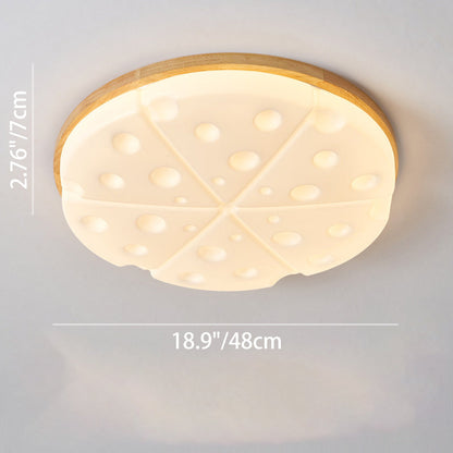 Contemporary Creative Rubber Wood Iron PVC Round Cheese LED Flush Mount Ceiling Light For Bedroom