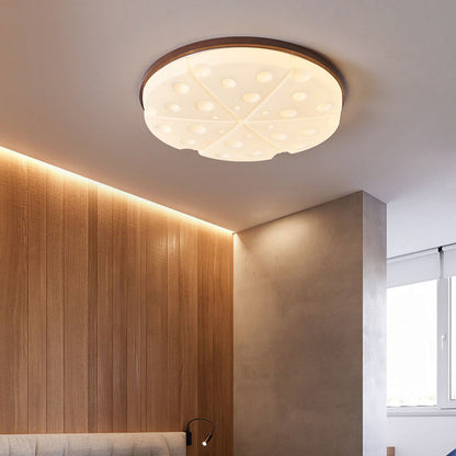 Contemporary Creative Rubber Wood Iron PVC Round Cheese LED Flush Mount Ceiling Light For Bedroom