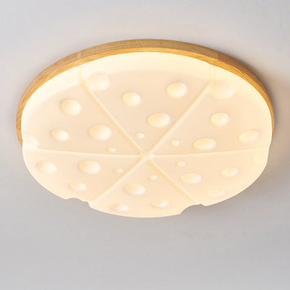 Contemporary Creative Rubber Wood Iron PVC Round Cheese LED Flush Mount Ceiling Light For Bedroom