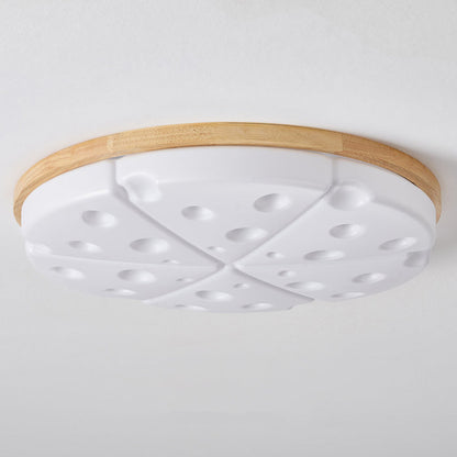 Contemporary Creative Rubber Wood Iron PVC Round Cheese LED Flush Mount Ceiling Light For Bedroom