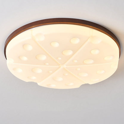 Contemporary Creative Rubber Wood Iron PVC Round Cheese LED Flush Mount Ceiling Light For Bedroom