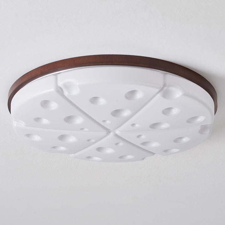 Contemporary Creative Rubber Wood Iron PVC Round Cheese LED Flush Mount Ceiling Light For Bedroom