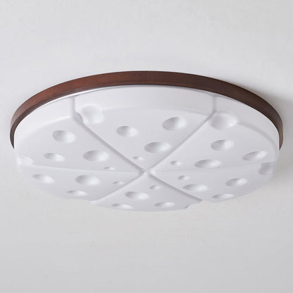 Contemporary Creative Rubber Wood Iron PVC Round Cheese LED Flush Mount Ceiling Light For Bedroom