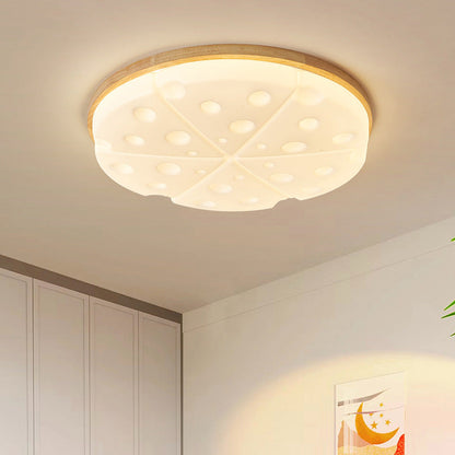 Contemporary Creative Rubber Wood Iron PVC Round Cheese LED Flush Mount Ceiling Light For Bedroom
