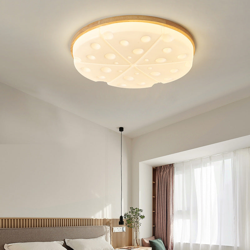 Contemporary Creative Rubber Wood Iron PVC Round Cheese LED Flush Mount Ceiling Light For Bedroom
