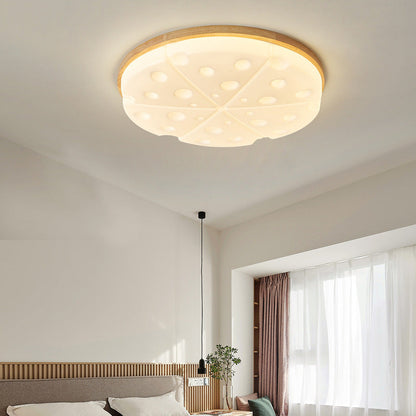 Contemporary Creative Rubber Wood Iron PVC Round Cheese LED Flush Mount Ceiling Light For Bedroom