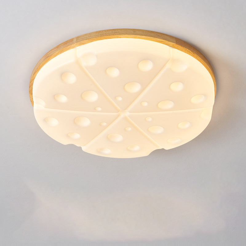 Contemporary Creative Rubber Wood Iron PVC Round Cheese LED Flush Mount Ceiling Light For Bedroom