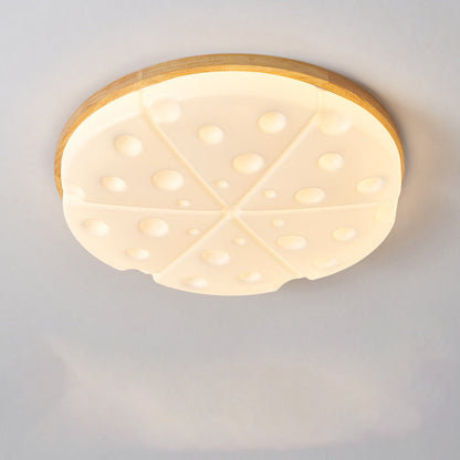Contemporary Creative Rubber Wood Iron PVC Round Cheese LED Flush Mount Ceiling Light For Bedroom
