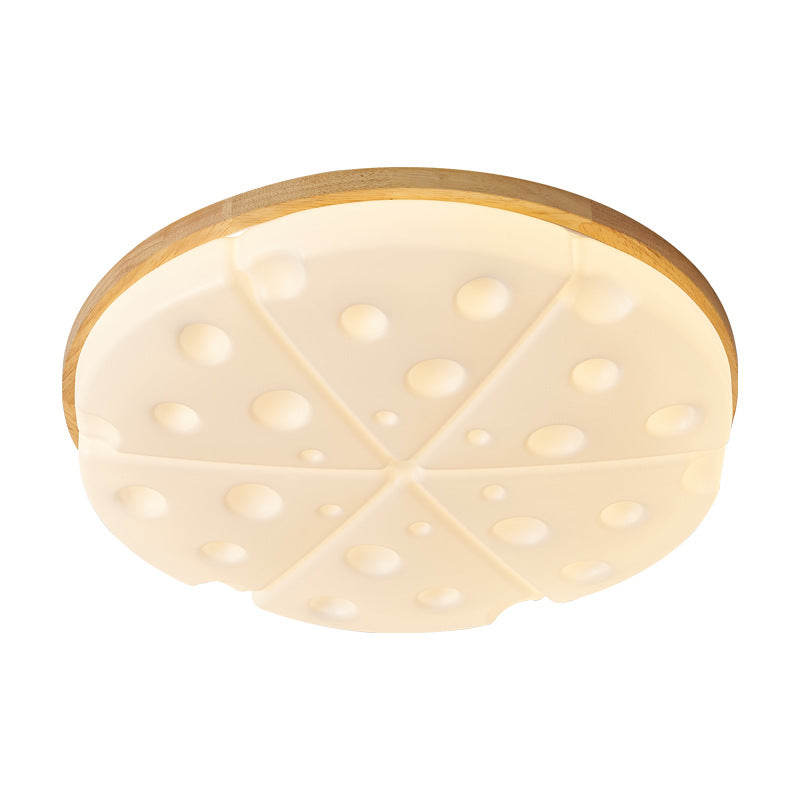 Contemporary Creative Rubber Wood Iron PVC Round Cheese LED Flush Mount Ceiling Light For Bedroom