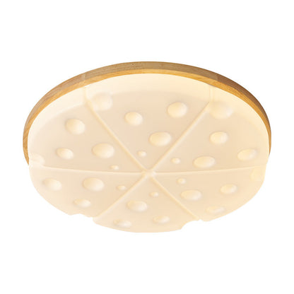 Contemporary Creative Rubber Wood Iron PVC Round Cheese LED Flush Mount Ceiling Light For Bedroom
