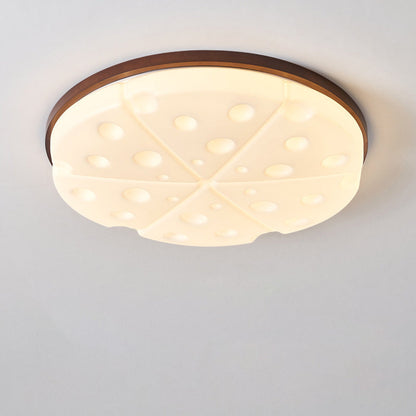 Contemporary Creative Rubber Wood Iron PVC Round Cheese LED Flush Mount Ceiling Light For Bedroom