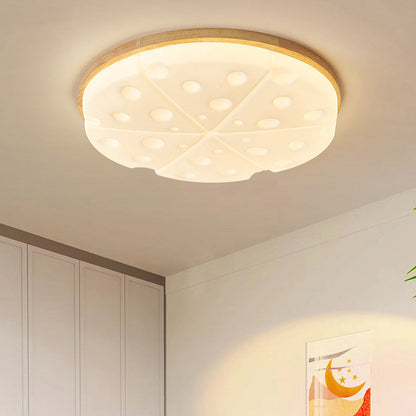 Contemporary Creative Rubber Wood Iron PVC Round Cheese LED Flush Mount Ceiling Light For Bedroom