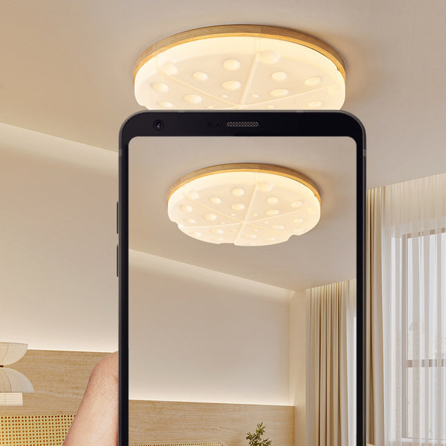 Contemporary Creative Rubber Wood Iron PVC Round Cheese LED Flush Mount Ceiling Light For Bedroom