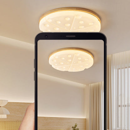 Contemporary Creative Rubber Wood Iron PVC Round Cheese LED Flush Mount Ceiling Light For Bedroom