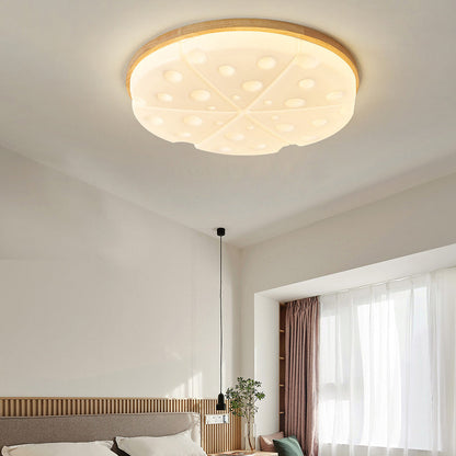 Contemporary Creative Rubber Wood Iron PVC Round Cheese LED Flush Mount Ceiling Light For Bedroom