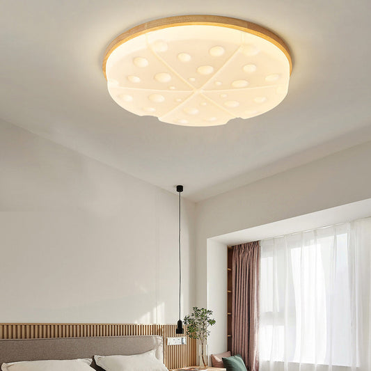 Contemporary Creative Rubber Wood Iron PVC Round Cheese LED Flush Mount Ceiling Light For Bedroom