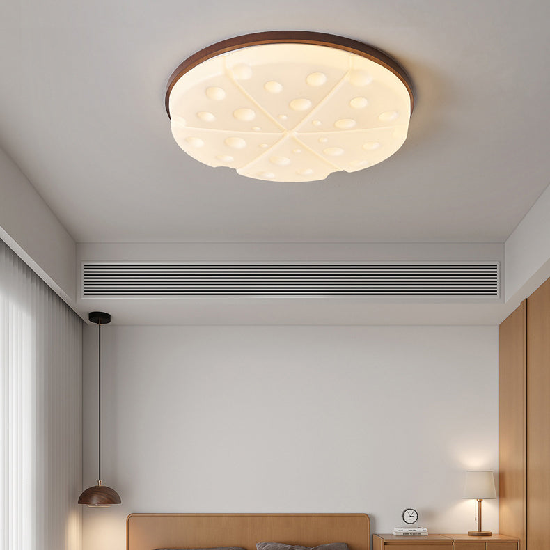 Contemporary Creative Rubber Wood Iron PVC Round Cheese LED Flush Mount Ceiling Light For Bedroom