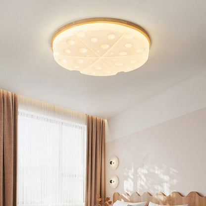 Contemporary Creative Rubber Wood Iron PVC Round Cheese LED Flush Mount Ceiling Light For Bedroom