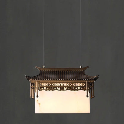 Traditional Chinese Metal Resin Imitation Marble Antique Attic Pavilion Spotlight 2-Light Chandeliers For Dining Room