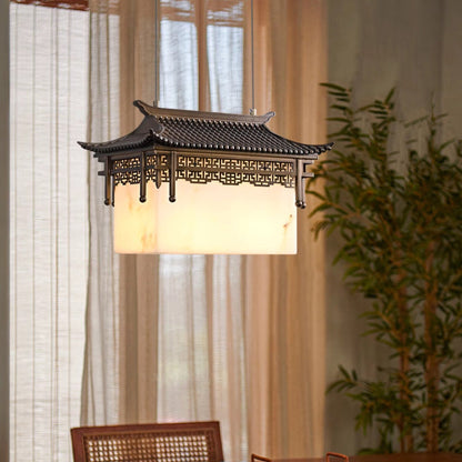 Traditional Chinese Metal Resin Imitation Marble Antique Attic Pavilion Spotlight 2-Light Chandeliers For Dining Room