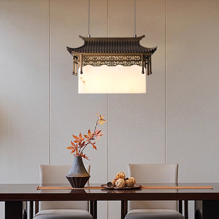 Traditional Chinese Metal Resin Imitation Marble Antique Attic Pavilion Spotlight 2-Light Chandeliers For Dining Room