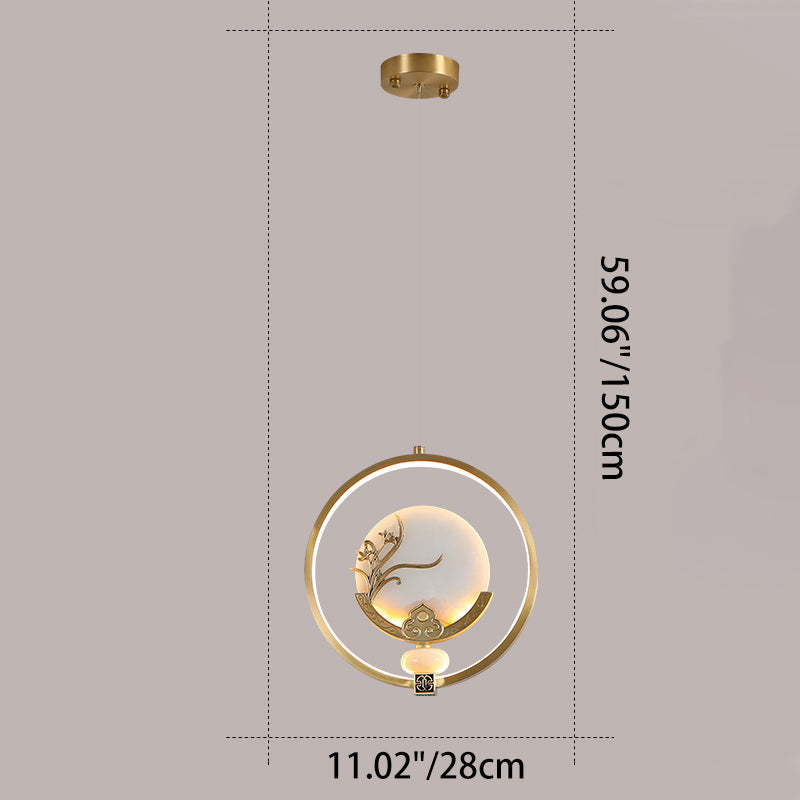 الثريات LED الصينية التقليدية المصنوعة من النحاس والرخام والأكريليك على شكل دائرة على شكل زهرة القرع وأوراق الحيوانات للممر 