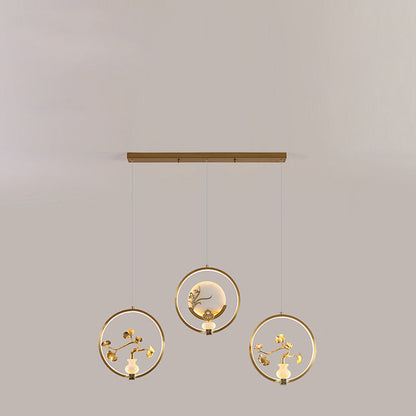 الثريات LED الصينية التقليدية المصنوعة من النحاس والرخام والأكريليك على شكل دائرة على شكل زهرة القرع وأوراق الحيوانات للممر 