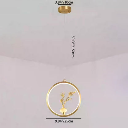 الثريات LED الصينية التقليدية المصنوعة من النحاس والرخام والأكريليك على شكل دائرة على شكل زهرة القرع وأوراق الحيوانات للممر 