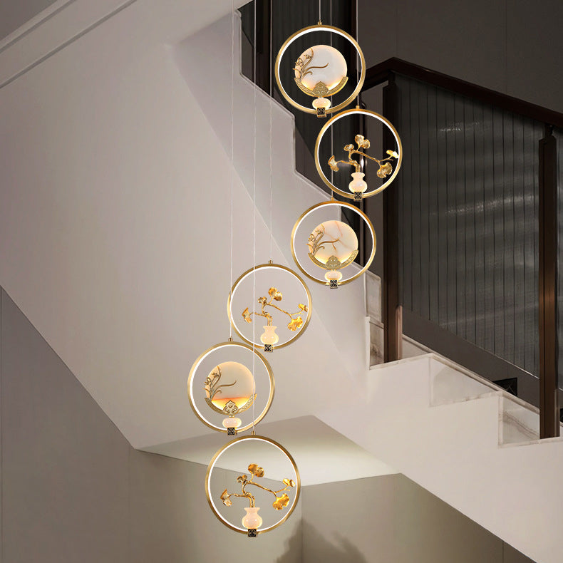 الثريات LED الصينية التقليدية المصنوعة من النحاس والرخام والأكريليك على شكل دائرة على شكل زهرة القرع وأوراق الحيوانات للممر 
