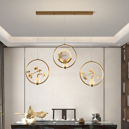 الثريات LED الصينية التقليدية المصنوعة من النحاس والرخام والأكريليك على شكل دائرة على شكل زهرة القرع وأوراق الحيوانات للممر 