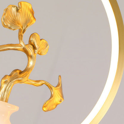 الثريات LED الصينية التقليدية المصنوعة من النحاس والرخام والأكريليك على شكل دائرة على شكل زهرة القرع وأوراق الحيوانات للممر 