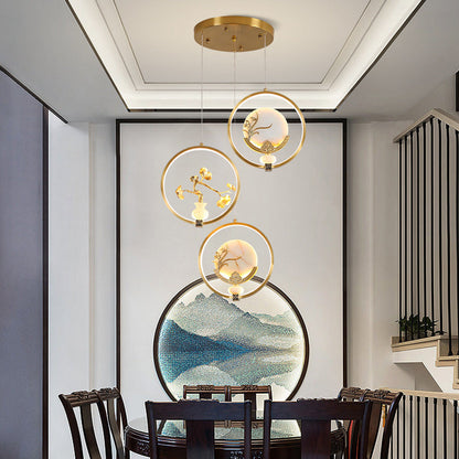 الثريات LED الصينية التقليدية المصنوعة من النحاس والرخام والأكريليك على شكل دائرة على شكل زهرة القرع وأوراق الحيوانات للممر 