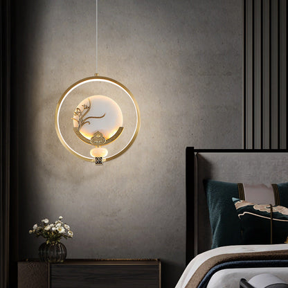 الثريات LED الصينية التقليدية المصنوعة من النحاس والرخام والأكريليك على شكل دائرة على شكل زهرة القرع وأوراق الحيوانات للممر 